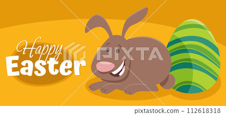 cartoon Easter bunny with colored egg greeting card 112618318