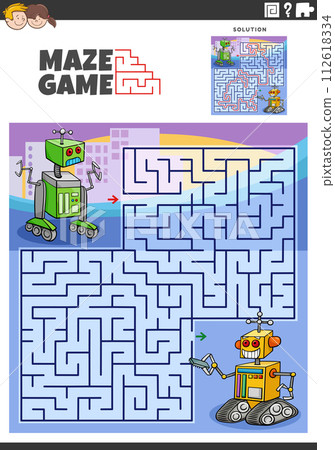 maze activity with cartoon robots or droids characters maze activity with cartoon robots or droids characters 112618334