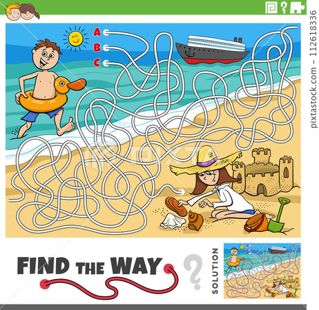 maze game with cartoonchildren on vacation by the sea maze game with cartoonchildren on vacation by the sea 112618336