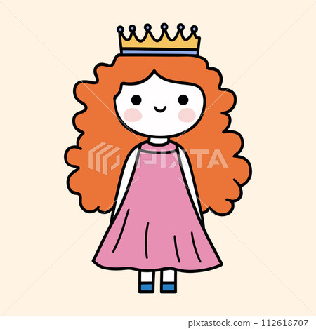 Cute cartoon princess with long ginger hair. Simple vector illustration of pretty girl with orange hair, wearing pink dress and gold crown. 112618707