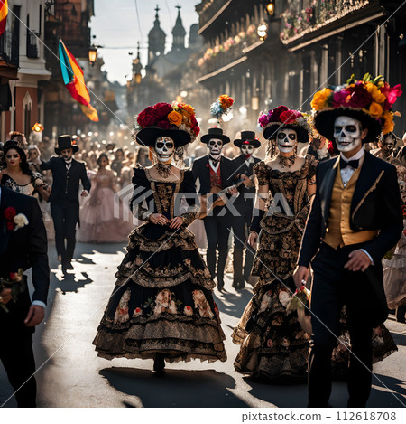 AI-generated content. A procession celebrating the traditional Mexican holiday Day of the Dead. 112618708