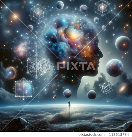 AI-generated content. Contemplation the vastness of the human mind in connection with the universe. AI-generated content. Contemplation the vastness of the human mind in connection with the universe. 112618784