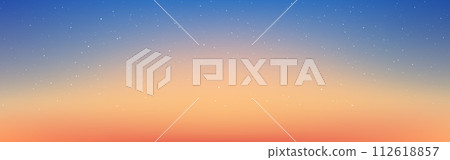Sunset background. Beautiful blue orange gradient for poster, banner or website. Wide evening sky with stars. Magic summer sunlight. Calm nature light. Vector illustration 112618857