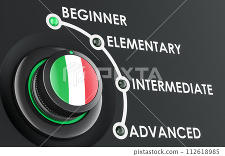 Italian levels, learning and improvement Italian language, concept with scale knob. 3D rendering 112618985