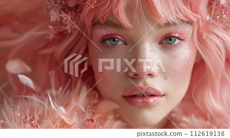 AI-generated content. Detailed view of a fashion-forward individual with vibrant pink hair. 112619138