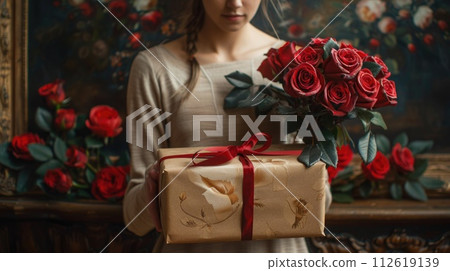 AI-generated content. A woman holds a bouquet of roses in front of a painting, creating a festive scene. 112619139