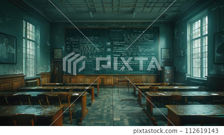 AI-generated content. A detailed view of an empty classroom with desks neatly arranged and a chalkboard at the front of the room. AI-generated content. A detailed view of an empty classroom with desks neatly arranged and a chalkboard at the front of the room. 112619143