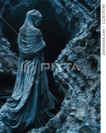 AI-generated content. Antique stone sculpture of a woman standing inside a dimly lit cave. 112619146