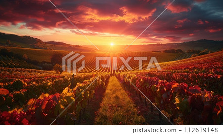 AI-generated content. The sun is setting over a vineyard, casting a warm glow on the rows of grapevines. AI-generated content. The sun is setting over a vineyard, casting a warm glow on the rows of grapevines. 112619148