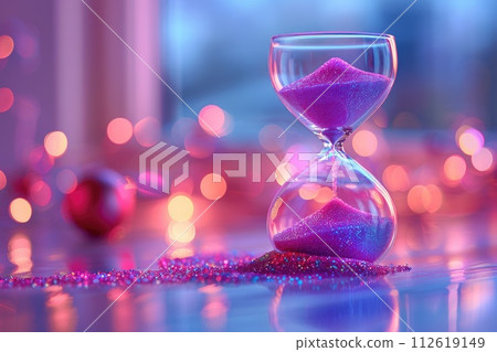 AI-generated content. A close-up of an hourglass with pink sand flowing through the center section. AI-generated content. A close-up of an hourglass with pink sand flowing through the center section. 112619149