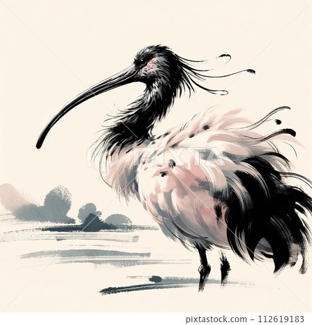 Ink painting of a Japanese ibis 112619183