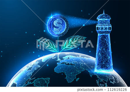 Global investment opportunities futuristic concept with lighthouse and coin flower standing on Earth 112619226