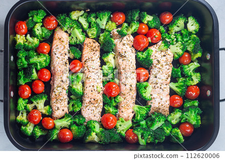 Baked salmon fillet with broccoli and tomato on frying tray, horizontal, top view Baked salmon fillet with broccoli and tomato on frying tray, horizontal, top view 112620006