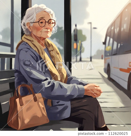 Elderly woman waiting for the bus alone at the bus stop Elderly woman waiting for the bus alone at the bus stop 112620025