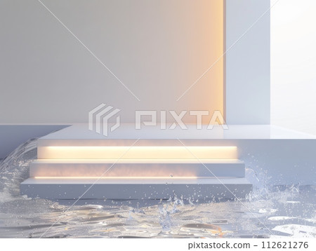 AI-generated content. Side Lighting Abstract Minimalistic Flat Podium. The Scene for Product Presentation. 3D Room with thin podium and water splashes. Ai Generated Podium Mockup for a Product AI-generated content. Side Lighting Abstract Minimalistic Flat Podium. The Scene for Product Presentation. 3D Room with thin podium and water splashes. Ai Generated Podium Mockup for a Product 112621276