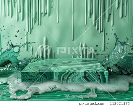 AI-generated content. Malachite Crystal Abstract Minimalistic Flat Podium. The Scene for Product Presentation. 3D Room with thin podium and water splashes. Ai Generated Podium Mockup for a Product 112621375