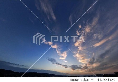 Dawn sky with sunrise and colorful clouds, early summer, super wide angle, sky-based, 230605am 112621420