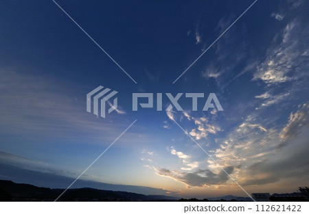 Dawn sky with sunrise and colorful clouds, early summer, super wide angle, sky-based, 230605am 112621422