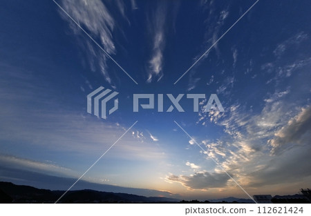 Dawn sky with sunrise and colorful clouds, early summer, super wide angle, sky-based, 230605am 112621424