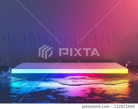 AI-generated content. Colorful LED Abstract Minimalistic Flat Podium. The Scene for Product Presentation. 3D Room with thin podium and water splashes. Ai Generated Podium Mockup for a Product 112621600