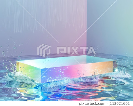 AI-generated content. Colorful Glass Abstract Minimalistic Flat Podium. The Scene for Product Presentation. 3D Room with thin podium and water splashes. Ai Generated Podium Mockup for a Product 112621601