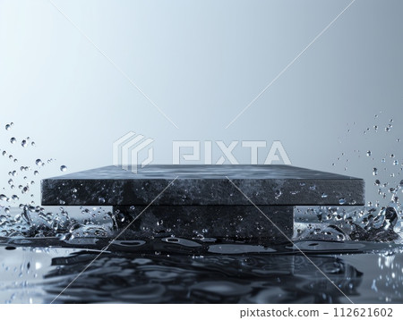 AI-generated content. Coal Abstract Minimalistic Flat Podium. The Scene for Product Presentation. 3D Room with thin podium and water splashes. Ai Generated Podium Mockup for a Product advertisement. 112621602