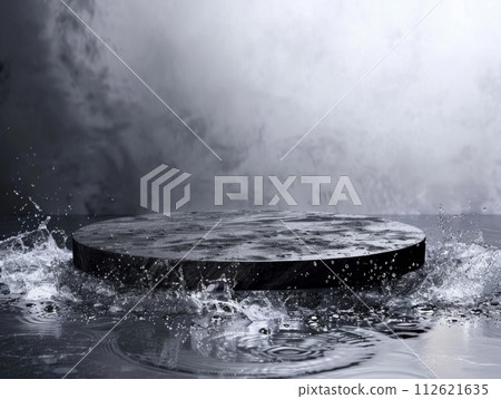 AI-generated content. Black Fur Abstract Minimalistic Flat Podium. The Scene for Product Presentation. 3D Room with thin podium and water splashes. Ai Generated Podium Mockup for a Product 112621635