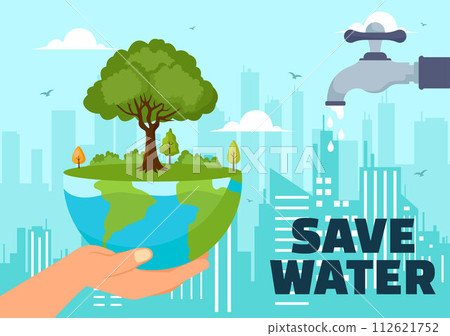 Water Saving Vector Illustration for Mineral Savings Campaign and Energy Utilization with Faucet and Earth Concept in Flat Cartoon Background 112621752