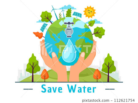 Water Saving Vector Illustration for Mineral Savings Campaign and Energy Utilization with Faucet and Earth Concept in Flat Cartoon Background 112621754