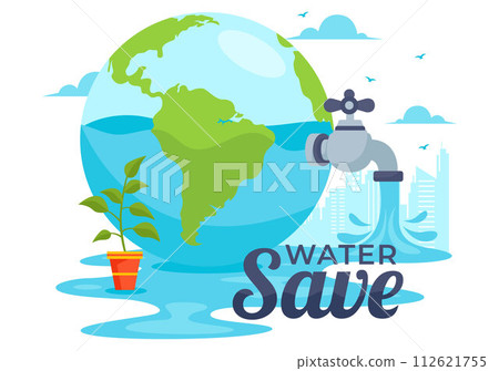Water Saving Vector Illustration for Mineral Savings Campaign and Energy Utilization with Faucet and Earth Concept in Flat Cartoon Background 112621755