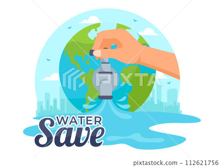 Water Saving Vector Illustration for Mineral Savings Campaign and Energy Utilization with Faucet and Earth Concept in Flat Cartoon Background 112621756