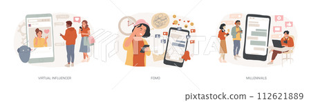 Online communication isolated concept vector illustration set. Virtual influencer, FOMO, millennials generation, digital native and social media, brand avatar, fear of missing out vector concept. 112621889