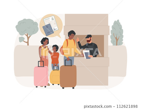 Migration control isolated concept vector illustration. Border control, illegal immigration, check documents, application form, fingerprints, inscription covid-19, passport vector concept. Migration control isolated concept vector illustration. Border control, illegal immigration, check documents, application form, fingerprints, inscription covid-19, passport vector concept. 112621898