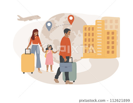 Immigration isolated concept vector illustration. International movement of people, residence permit, working visa, boarding control, sign documents, passport, green card vector concept. 112621899