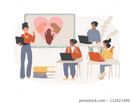 Integration of migrants isolated concept vector illustration. Society accepted migrants, integration courses, study at school, learn foreign languages, reading book, refugee group vector concept. 112621900