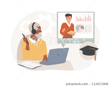 Online learning for seniors isolated concept vector illustration. Online courses for seniors, additional education, free online program, learning community, online quizz vector concept. 112621906