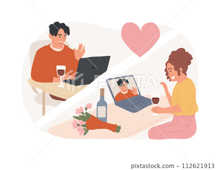 Online dating isolated concept vector illustration. Romantic relationship, digital application, couple match, social media profile, girlfriend search, web camera date, valentine vector concept. 112621913