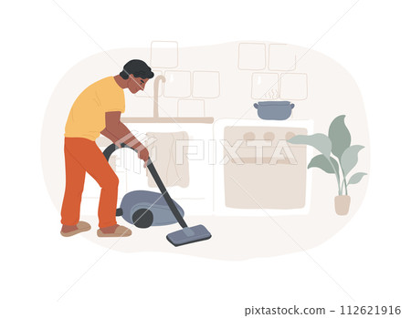 Dads and housework isolated concept vector illustration. Dad doing housework, chores at home, father son daughter folding clothes, fun cooking, cleaning together, wash dishes vector concept. 112621916