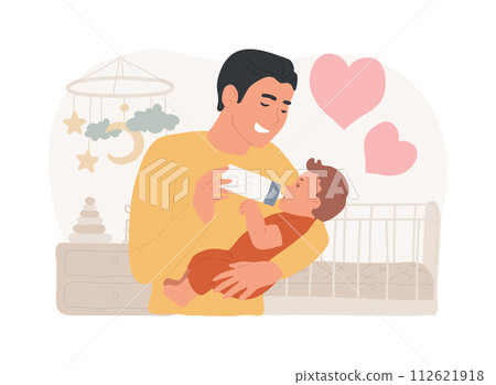 Single fathers isolated concept vector illustration. Single-parent family, fatherhood, happy kid, son and doughter, man feeding carrying baby, help in study, good dad vector concept. 112621918