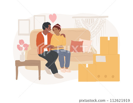 Cohabitation isolated concept vector illustration. Living together, cohabitation agreement, common law relationship, lovely couple, college roommate, moving together vector concept. Cohabitation isolated concept vector illustration. Living together, cohabitation agreement, common law relationship, lovely couple, college roommate, moving together vector concept. 112621919