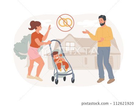 Unmarried parents isolated concept vector illustration. Unmarried couple fighting, partners living together, single pregnant woman, divorce and separation, unwed mother vector concept. 112621920