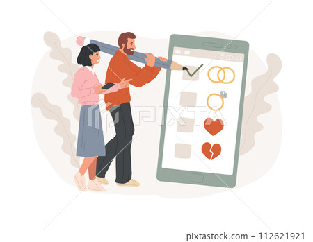 Relationship status isolated concept vector illustration. Relationship civil status, marital separation, divorce process, single, coupled, got married, social media, engaged vector concept. 112621921