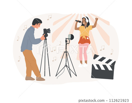 Music video isolated concept vector illustration. Official videoclip, internet and tv premiere, music video production, professional director, shooting crew, musician promotion vector concept. 112621923