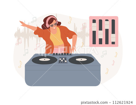 Electronic music isolated concept vector illustration. DJ set, school course, book live performance, electronic music genres, night club party, outdoor festival, rave culture vector concept. Electronic music isolated concept vector illustration. DJ set, school course, book live performance, electronic music genres, night club party, outdoor festival, rave culture vector concept. 112621924