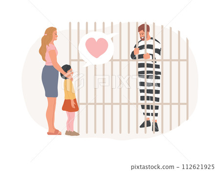 Dads in prison isolated concept vector illustration. Fathers in prison, family instability, incarcerated dad, hand in jail, striped costumes, in court, child visiting relative vector concept. 112621925