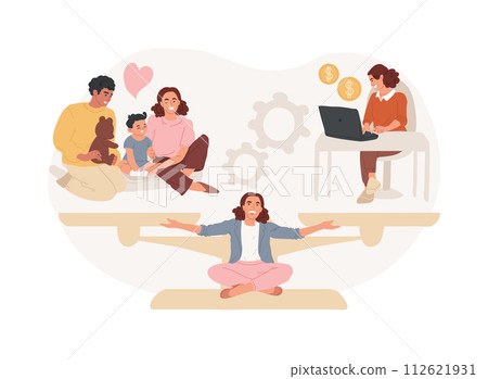 Balancing work and family isolated concept vector illustration. Work and life balance, happy family, mom doing business, dad at home, kids at office, time management, freelance vector concept. Balancing work and family isolated concept vector illustration. Work and life balance, happy family, mom doing business, dad at home, kids at office, time management, freelance vector concept. 112621931