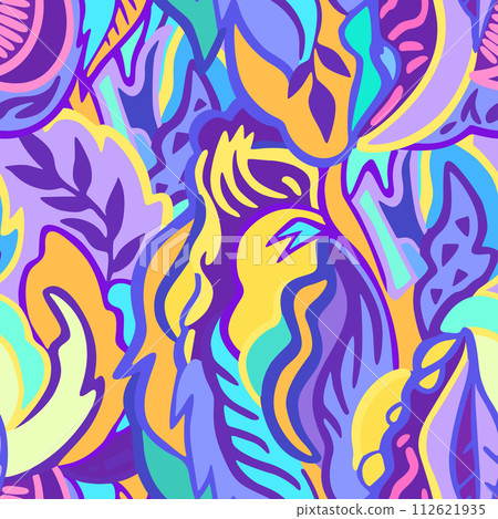Colorful seamless pattern with chaotic floral and psychedelic abstract elements. Vector illustration. 112621935