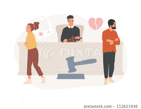 Judicial separation isolated concept vector illustration. Legal separation, married couple, court order, family law, divorce alternative, parental rights, judge gavel, property vector concept. Judicial separation isolated concept vector illustration. Legal separation, married couple, court order, family law, divorce alternative, parental rights, judge gavel, property vector concept. 112621936