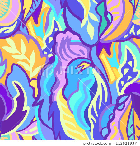 Colorful seamless pattern with chaotic floral and psychedelic abstract elements. Vector illustration. 112621937