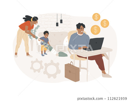 Breadwinner isolated concept vector illustration. Earn money, work from home, husband businessman, working father mother, family needs support, freelance work, homemaking wife vector concept. 112621939